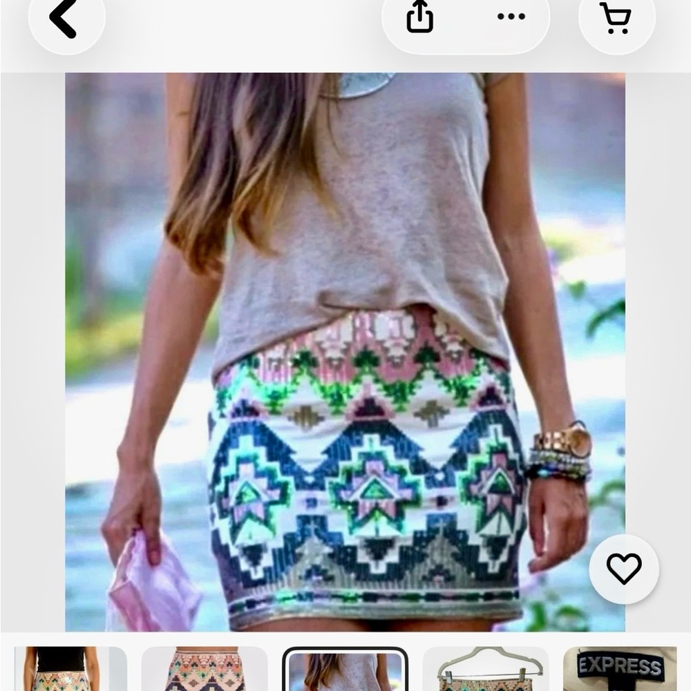 Express White Mini Skirt with Multicolor Sequin Aztec Motif